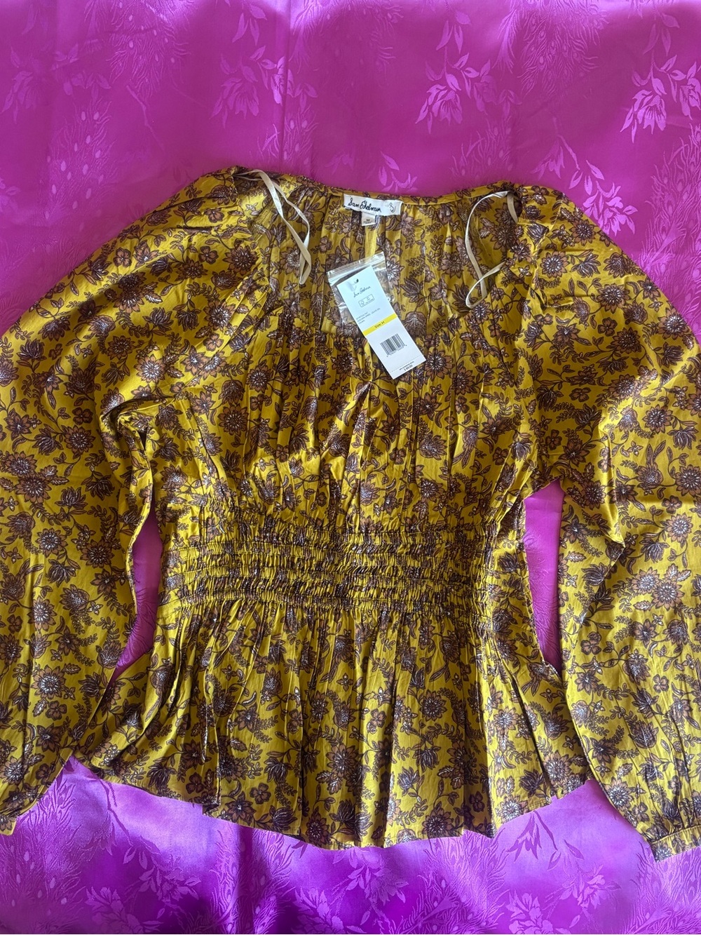 Sam Edelman Mustard Floral Smocked Peasant Blouse
